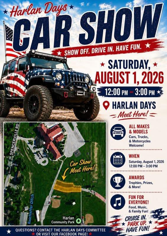 Harlan Days Car Show flyer showing the August 1, 2026 show time, Harlan Community Park map, and event details.
